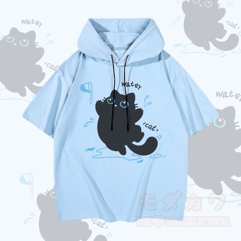MODAKAWA Kurzarm-Hoodie mit Katzenmotiv und Wassermotiv - Blau - 3XL - image 1