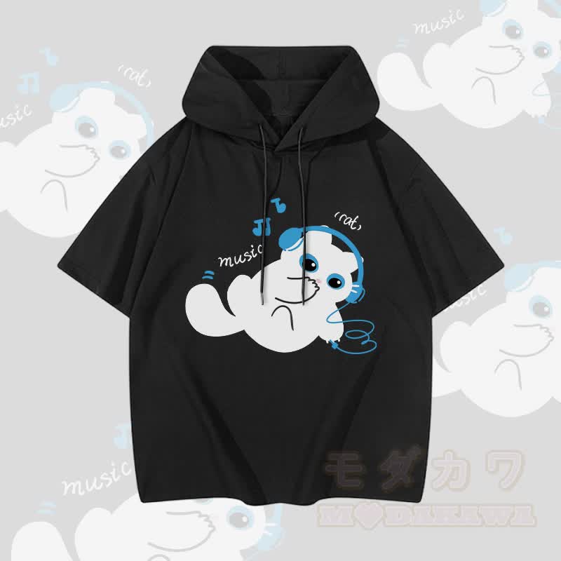 MODAKAWA Kurzarm-Hoodie mit Katzenmotiv und Musikmotiv - Schwarz - 3XL - image 2