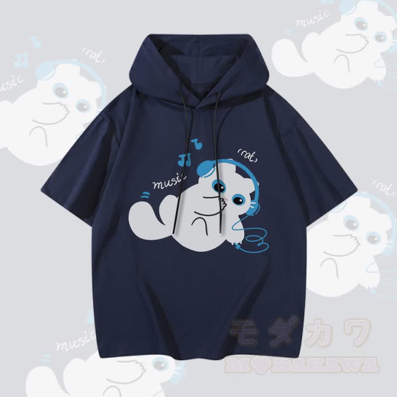 MODAKAWA Kurzarm-Hoodie mit Katzenmotiv und Musikmotiv - Purpurblau - 3XL - image 1
