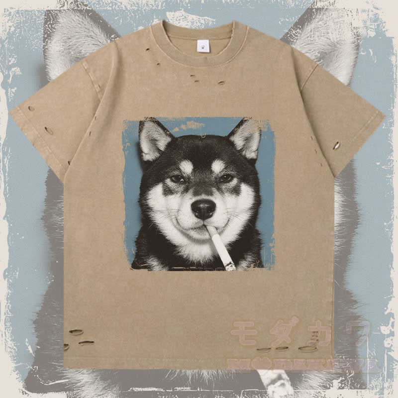 MODAKAWA Smoking Dog Grafik Zerrissenes T-Shirt - Braun - 2XL - image 3