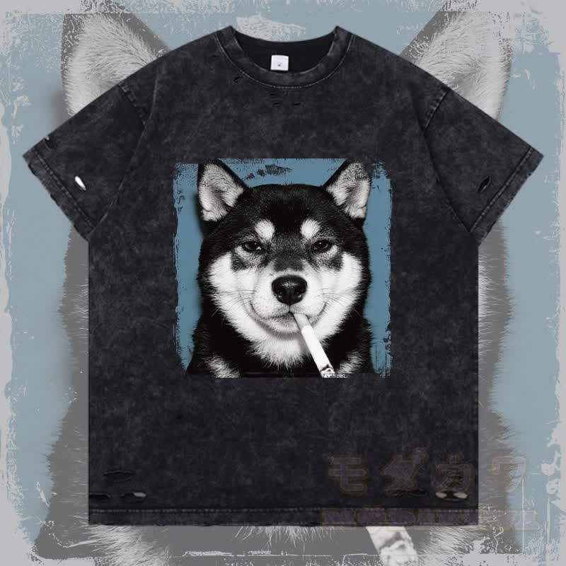 MODAKAWA Smoking Dog Grafik Zerrissenes T-Shirt - Schwarz - 2XL - image 1