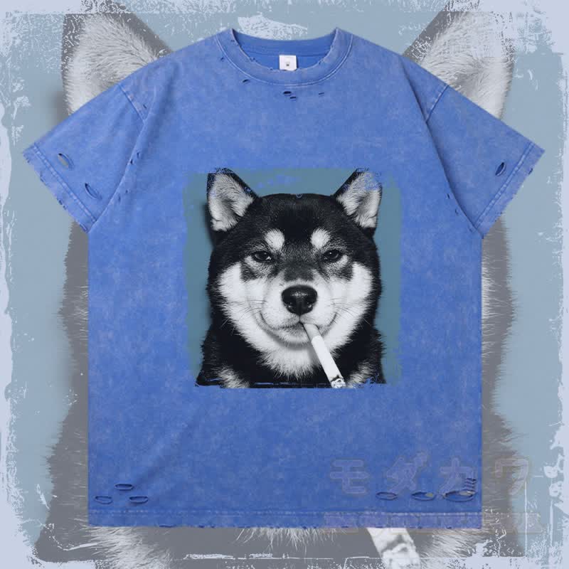 MODAKAWA Smoking Dog Grafik Zerrissenes T-Shirt - Blau - 2XL - image 4