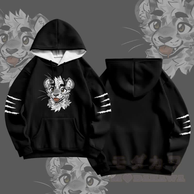 MODAKAWA X atka Pullover-Hoodie mit frechem Tigergesicht-Grafikprint - Schwarz - 5XL - image 2