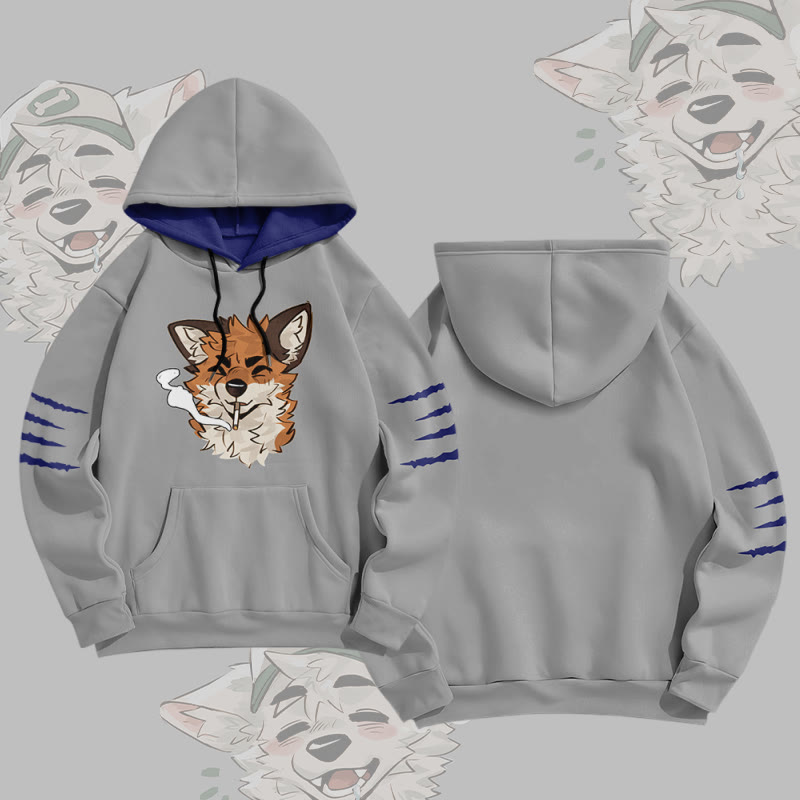 MODAKAWA X atka Fox Smoking Graphic All Over Print Pullover Hoodie - Grey - 8XL - image 2