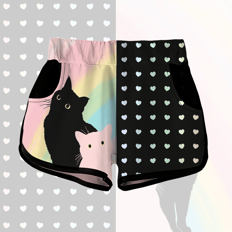 MODAKAWA Shorts mit neugieriger Katze und Herz-Grafik - Black - 5XL - image 2