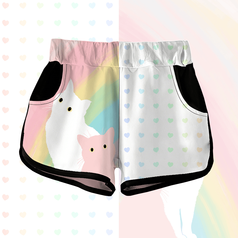 MODAKAWA Shorts mit neugieriger Katze und Herz-Grafik - White - 5XL - image 1