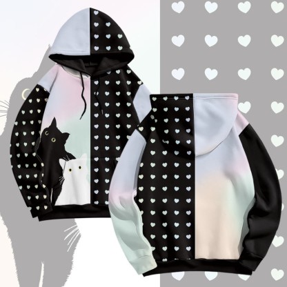 MODAKAWA Pullover-Hoodie mit Allover-Print und Katzenherz-Grafik - Blue&Black - 8XL - image 1