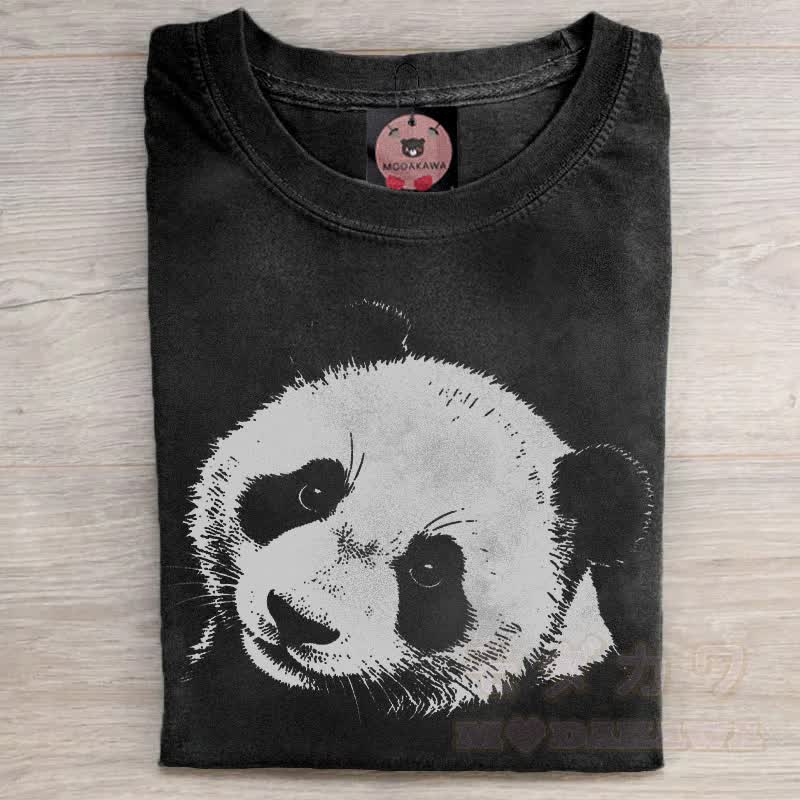 MODAKAWA Panda Face Graphic Unisex Vintage Washed T-Shirt - Schwarz - 5XL - image 2