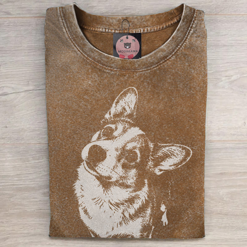 MODAKAWA Corgi Grafik Unisex Vintage Washed T-Shirt - Brown - 5XL - image 1