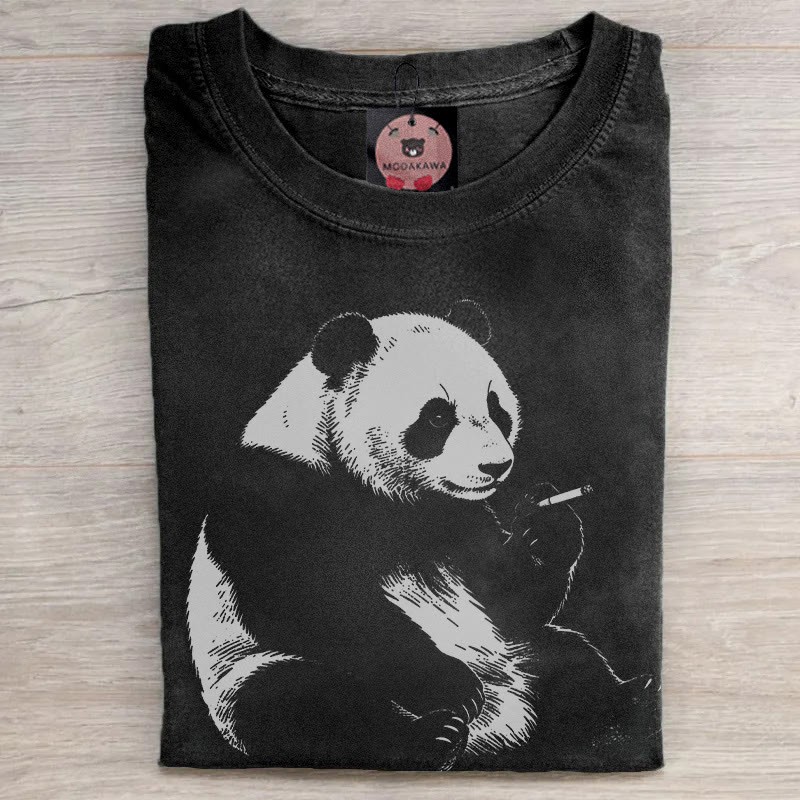MODAKAWA Smoking Panda Grafik Unisex Vintage Washed T-Shirt - Black - 5XL - image 1