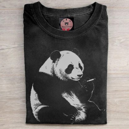 MODAKAWA Smoking Panda Grafik Unisex Vintage Washed T-Shirt - Black - 5XL - image 1