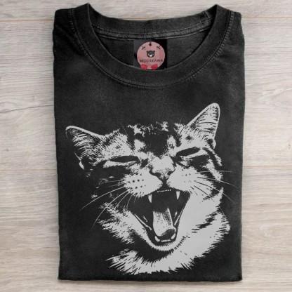 MODAKAWA Unisex-T-Shirt mit Katzenmotiv im Vintage-Stil, gewaschen - Black - 5XL - image 1