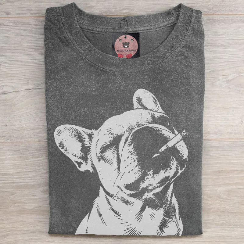 MODAKAWA Smoking Bulldog Grafik Unisex Vintage Washed T-Shirt - Grey - 5XL - image 1