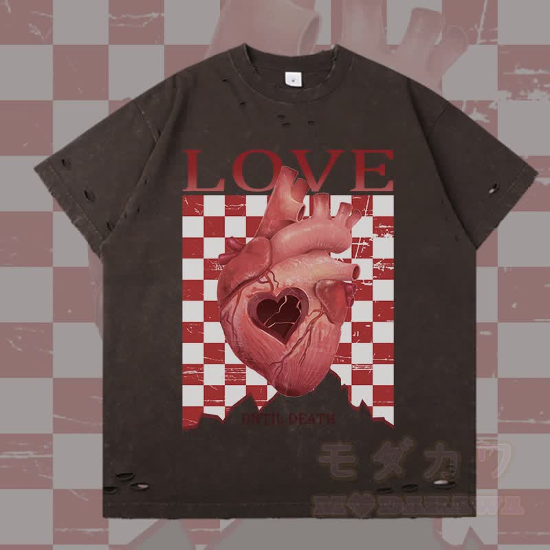 MODAKAWA LOVE Herzgrafik Zerrissenes T-Shirt - Dunkelbraun - 2XL - image 2