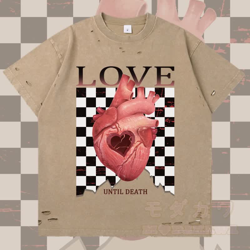 MODAKAWA LOVE Herzgrafik Zerrissenes T-Shirt - Braun - 2XL - image 1