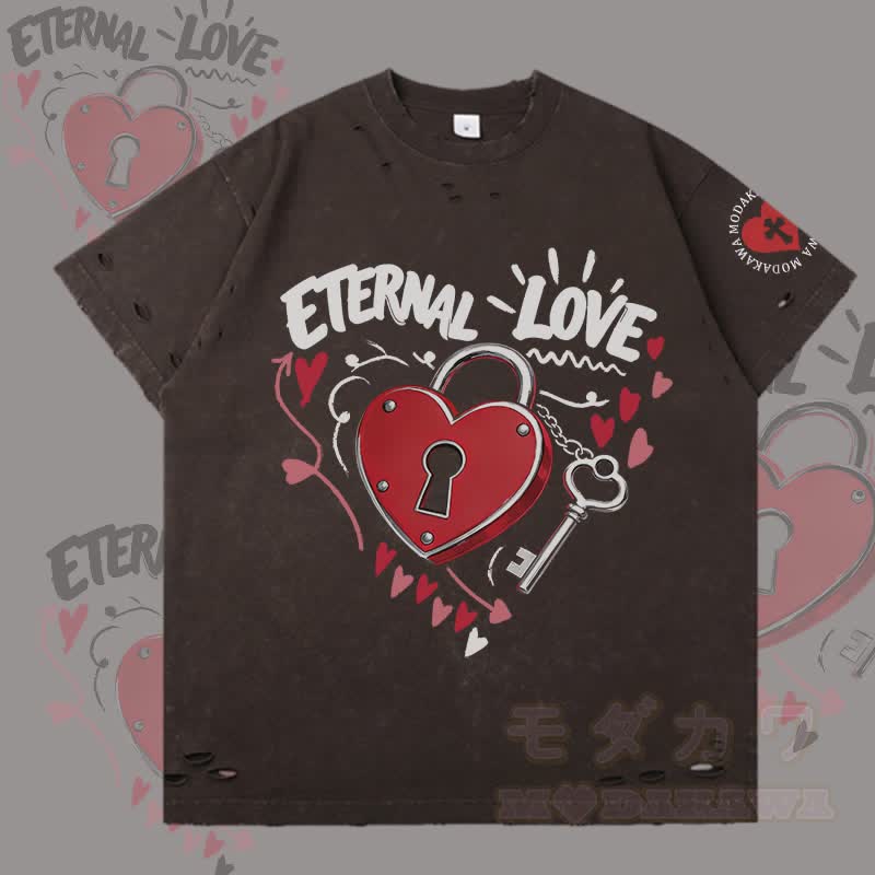 MODAKAWA ETERNAL LOVE Herzförmiges Schloss-Grafik-T-Shirt mit Rissen - Dunkelbraun - 2XL - image 2