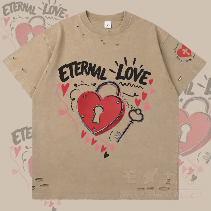 MODAKAWA ETERNAL LOVE Herzförmiges Schloss-Grafik-T-Shirt mit Rissen - Braun - 2XL - image 1