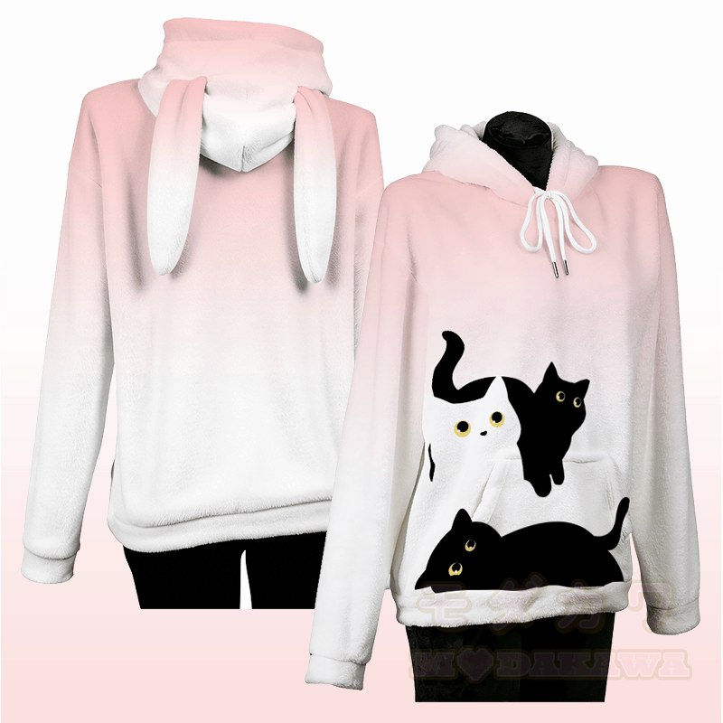 MODAKAWA Gradient Curious Cat Grafik-Plüschhoodie mit Hasenohren - Rosa - 4XL - image 2