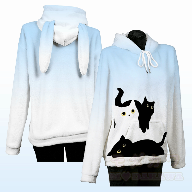 MODAKAWA Gradient Curious Cat Grafik-Plüschhoodie mit Hasenohren - Blau - 4XL - image 1