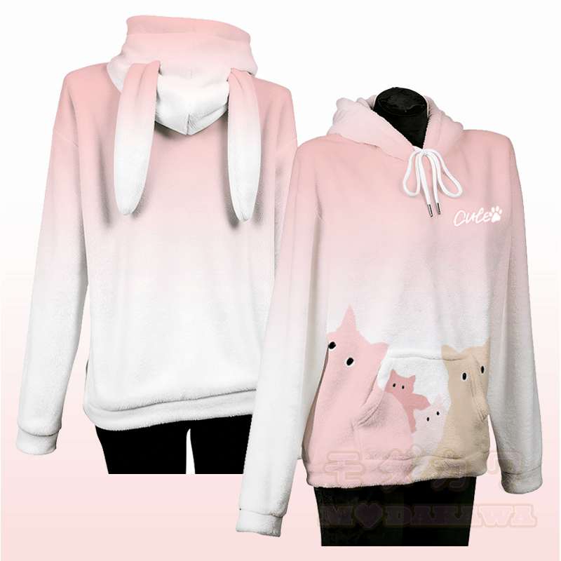MODAKAWA Gradient Cat Crowd Grafik-Plüschhoodie mit Hasenohren - Rosa - 4XL - image 2