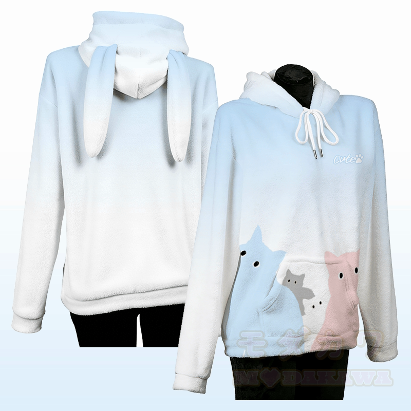 MODAKAWA Gradient Cat Crowd Grafik-Plüschhoodie mit Hasenohren - Blau - 4XL - image 1
