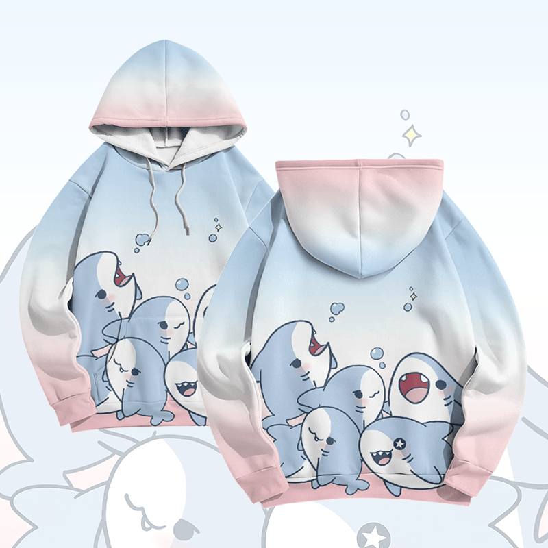 MODAKAWA Farbverlauf-Pullover-Hoodie mit verspieltem Hai-Motiv - Pink&Blue - 8XL - image 1