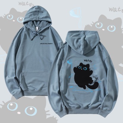 MODAKAWA Hoodie mit verspieltem schwarzen Katzenmotiv aus Baumwollmischgewebe - Dusty Blue - 5XL - image 1