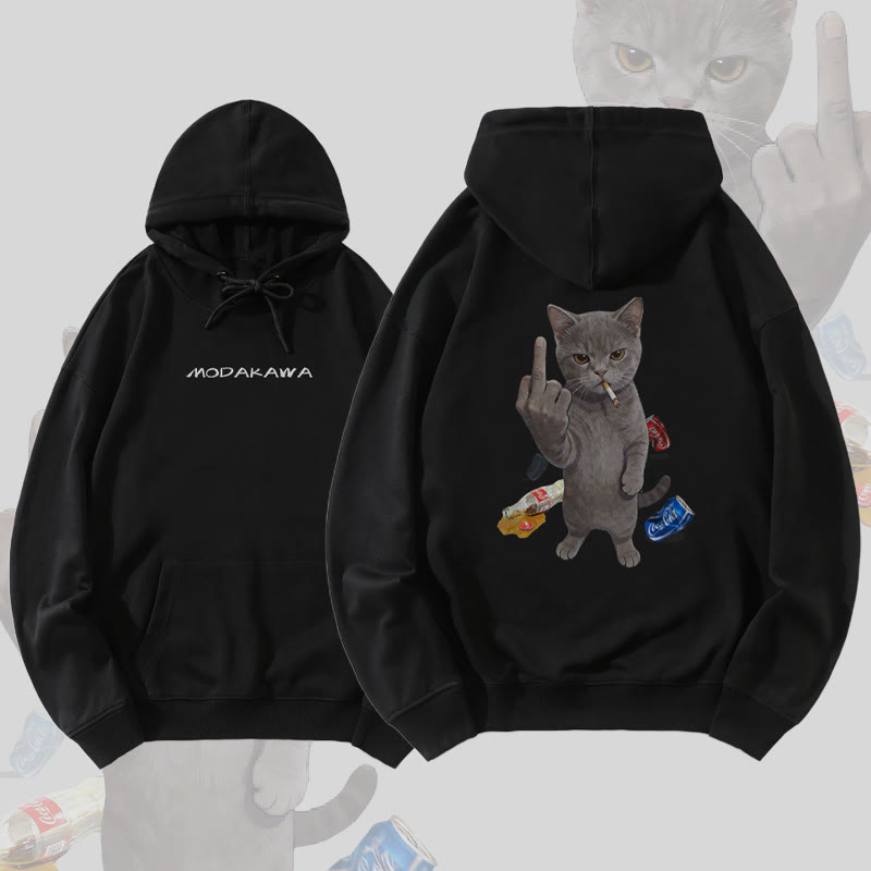MODAKAWA Defiant Smoking Cat Graphic Baumwollmischung Hoodie - Black - 5XL - image 3