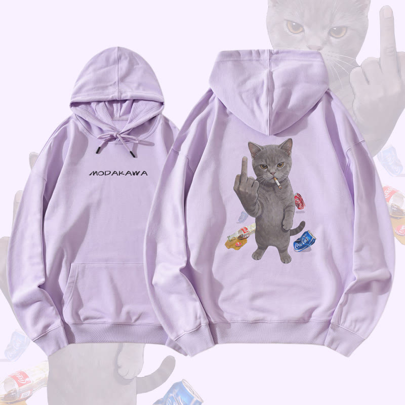 MODAKAWA Defiant Smoking Cat Graphic Baumwollmischung Hoodie - Purple - 5XL - image 1