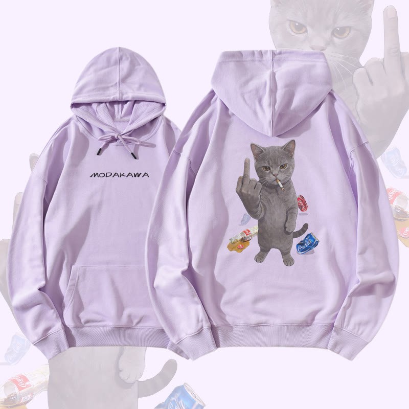 MODAKAWA Defiant Smoking Cat Graphic Baumwollmischung Hoodie - Purple - 5XL - image 1