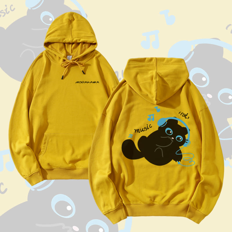 MODAKAWA Hoodie mit schwarzer Katze, die Musik hört (Baumwollmischung) - Yellow - 5XL - image 1