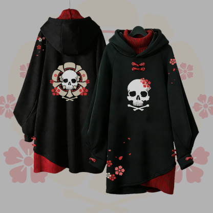 Sakura Totenkopf Grafik Schnalle Vintage Kapuzenpullover Kleid - image 1