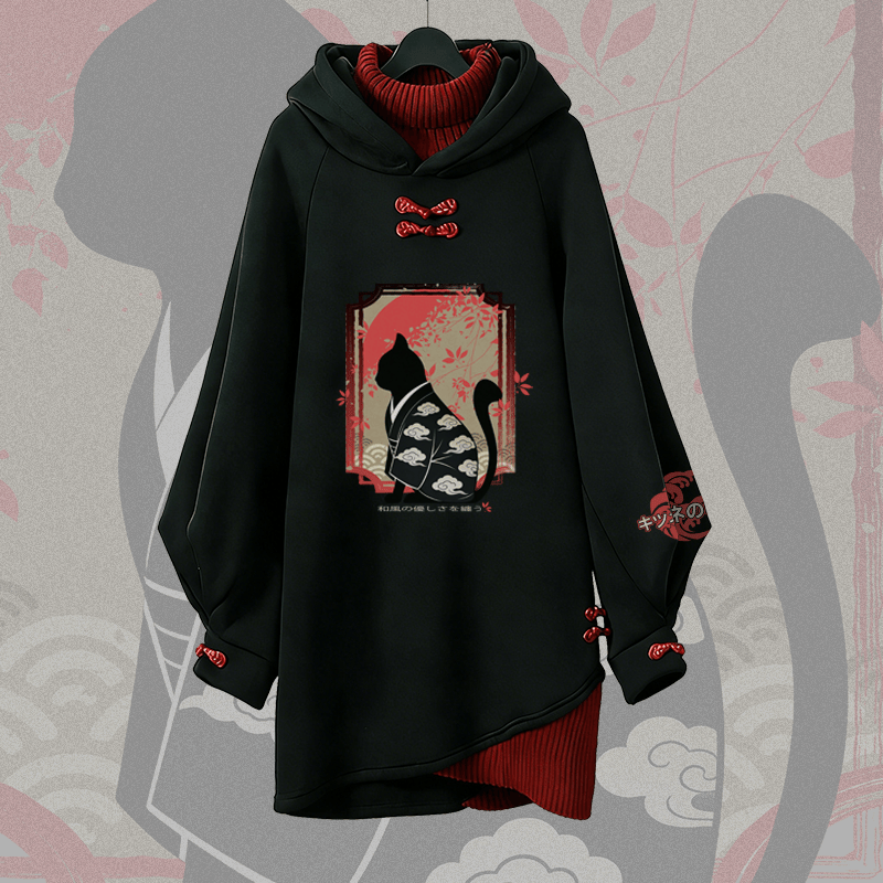 Harajuku Kapuzenpulloverkleid mit schwarzer Katzengrafik - Black - 3XL - image 1