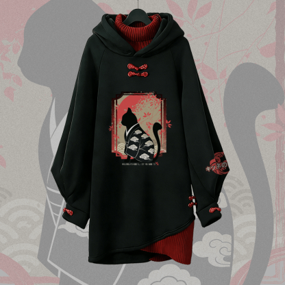 Harajuku Kapuzenpulloverkleid mit schwarzer Katzengrafik - Black - 3XL - image 1