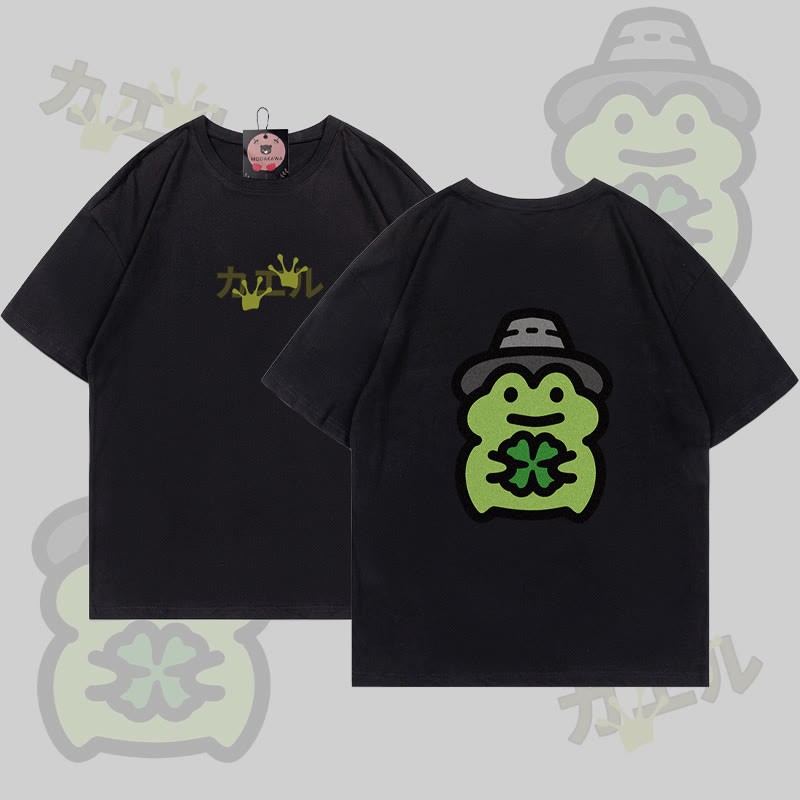T-Shirt mit vierblättrigem Kleeblatt und Froschmotiv - Black - 5XL - image 1