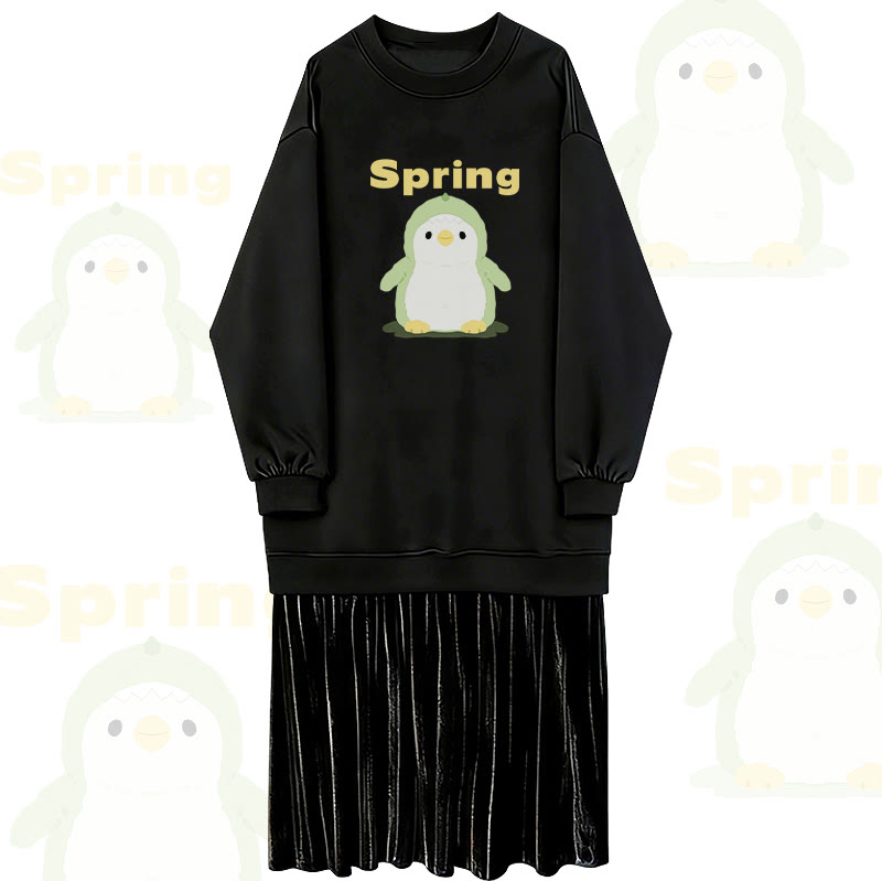 SPRING Penguin Graphic Faux Layered Fleece Feeded Sweatshirt Dress - Black - 2XL - image 1