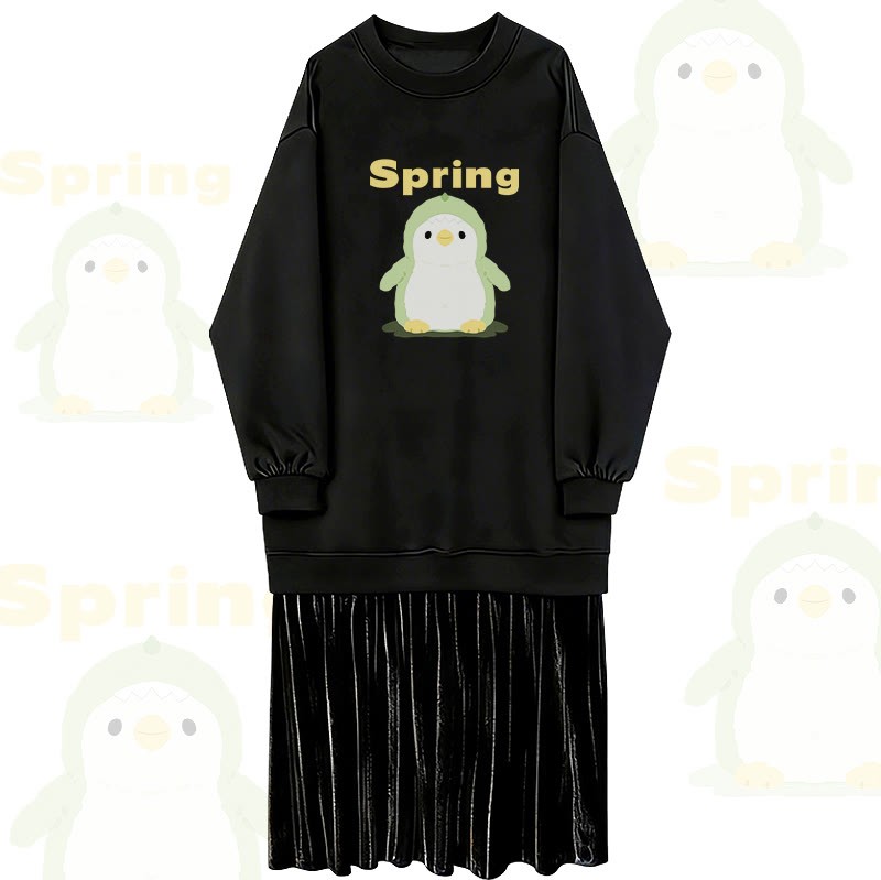 SPRING Penguin Graphic Faux Layered Fleece Feeded Sweatshirt Dress - Black - 2XL - image 1