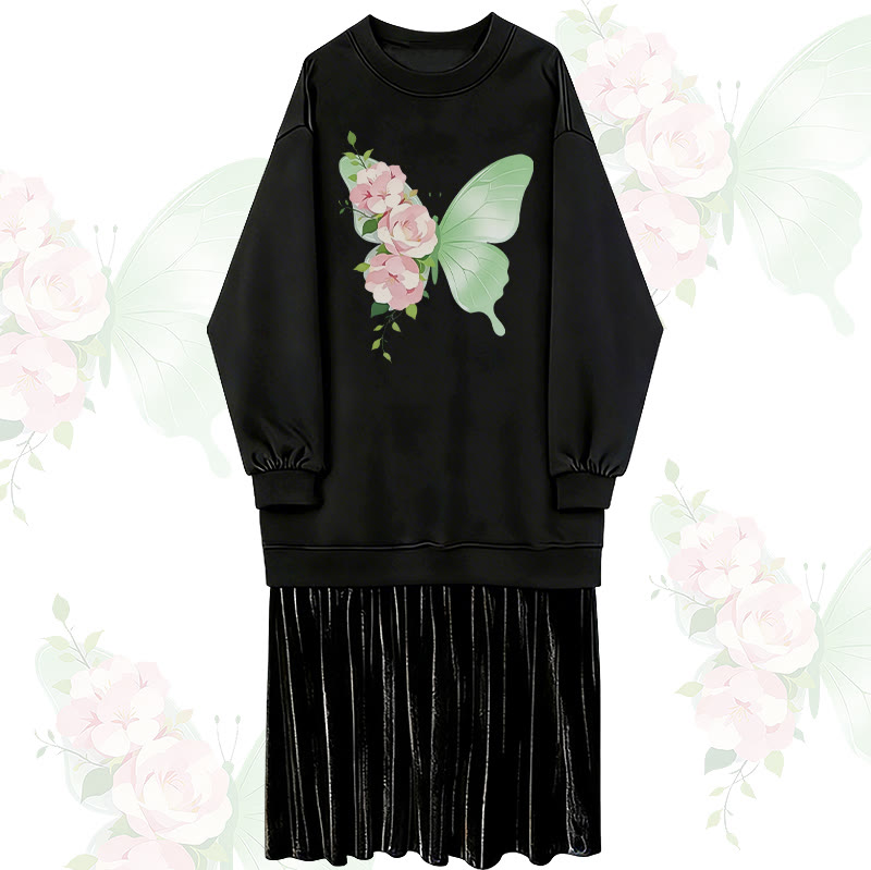 Sweatshirtkleid mit Blumen- und Schmetterlingsmotiv, gefüttert mit Kunstfleece und mehreren Lagen - Black - 2XL - image 1