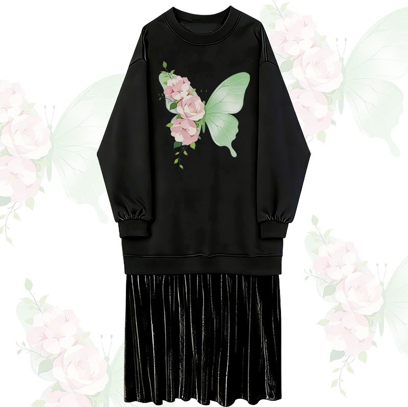 Sweatshirtkleid mit Blumen- und Schmetterlingsmotiv, gefüttert mit Kunstfleece und Lagenlook - Black - 2XL - image 1