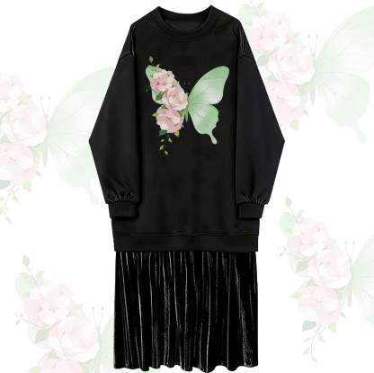 Sweatshirtkleid mit Blumen- und Schmetterlingsmotiv, gefüttert mit Kunstfleece und Lagenlook - Black - 2XL - image 1