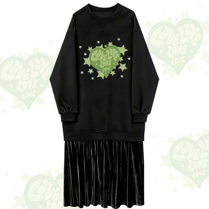 Sweatshirtkleid mit Sternen- und Herzmotiv, gefüttert mit Kunstfleece und Lagenlook - Black - 2XL - image 1