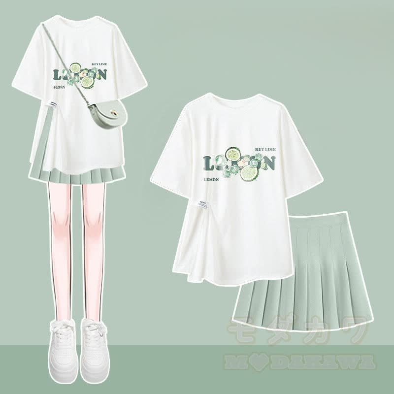 Unregelmäßiges T-Shirt, Faltenrock, passendes Outfit - Zweiteiliges Set - XL - image 1