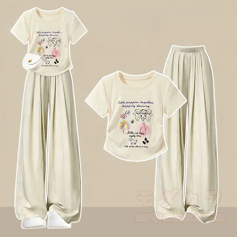 Niedliches Grafik-T-Shirt, lässige Hose und passendes Outfit - Zweiteiliges Set A - XL - image 1