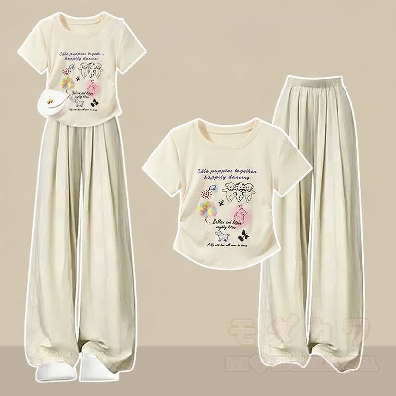 Niedliches Grafik-T-Shirt, lässige Hose und passendes Outfit - Zweiteiliges Set A - XL - image 1