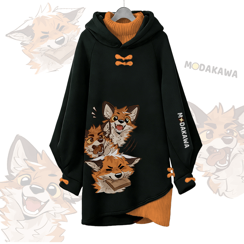 MODAKAWA X atka Lustiges Fuchs-Modakawa-Schnalle Vintage Kapuzenpullover-Kleid - Black - 3XL - image 1