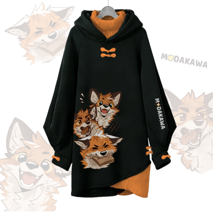 MODAKAWA X atka Lustiges Fuchs-Modakawa-Schnalle Vintage Kapuzenpullover-Kleid - Black - 3XL - image 1