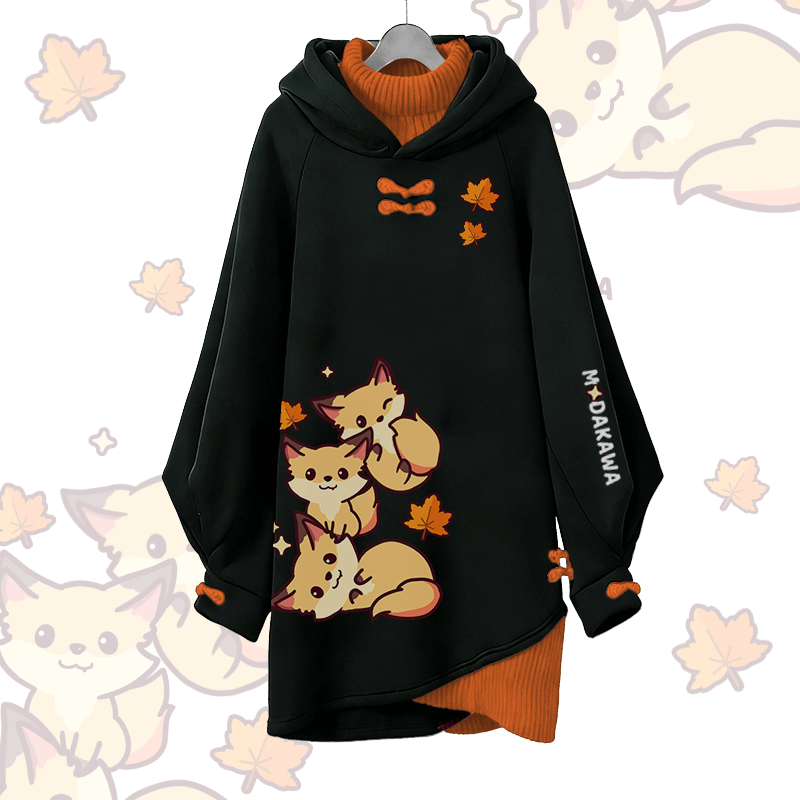 Maple Leaf Fox Graphic Modakawa Buckle Vintage Kapuzenpullover Kleid - Black A - 3XL - image 1
