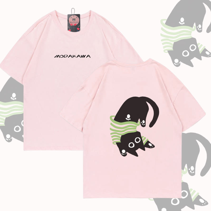 Modakawa Baumwoll-T-Shirt mit umgedrehter schwarzer Katze - Pink - 5XL - image 2
