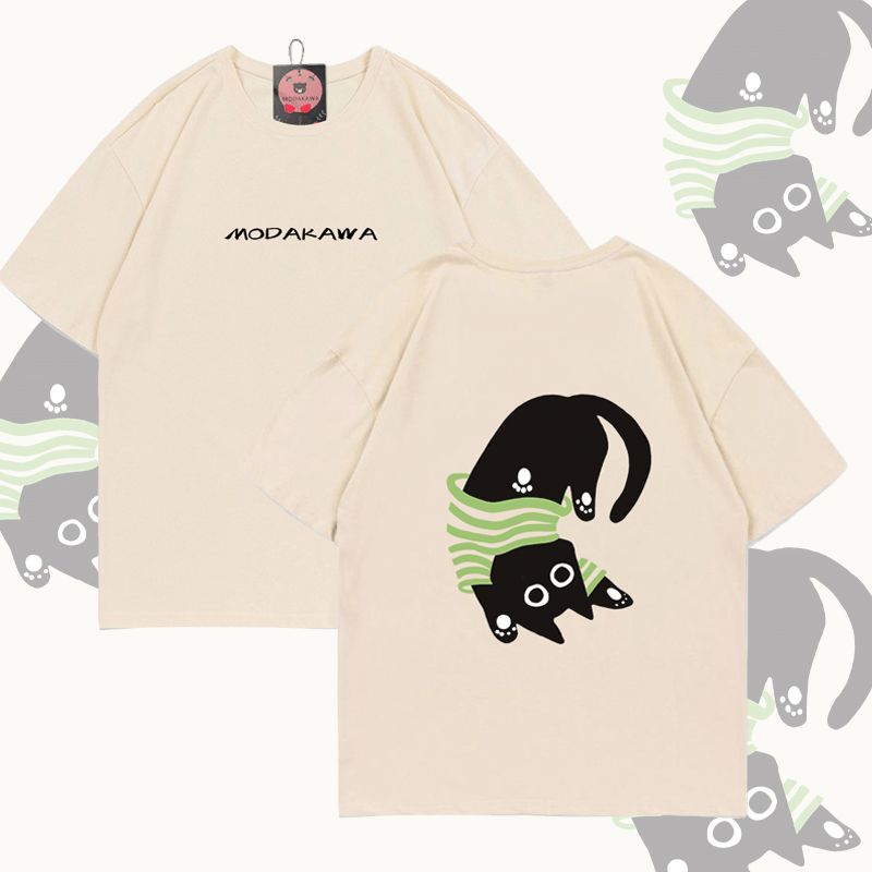 Modakawa Baumwoll-T-Shirt mit umgedrehter schwarzer Katze - Apricot - 5XL - image 1