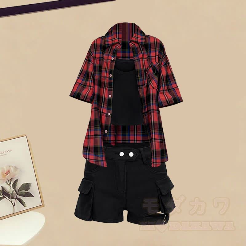 Kariertes Hemd, schwarzes Tanktop, Jeansshorts, Stulpen, passendes Outfit - Kariertes Hemd + schwarzes Tanktop + Jeansshorts - XL - image 6